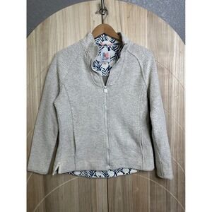 Weird Fish Popcorn Knit Full Zip Jacket Oatmeal Beige Leaf Print Lining 10415